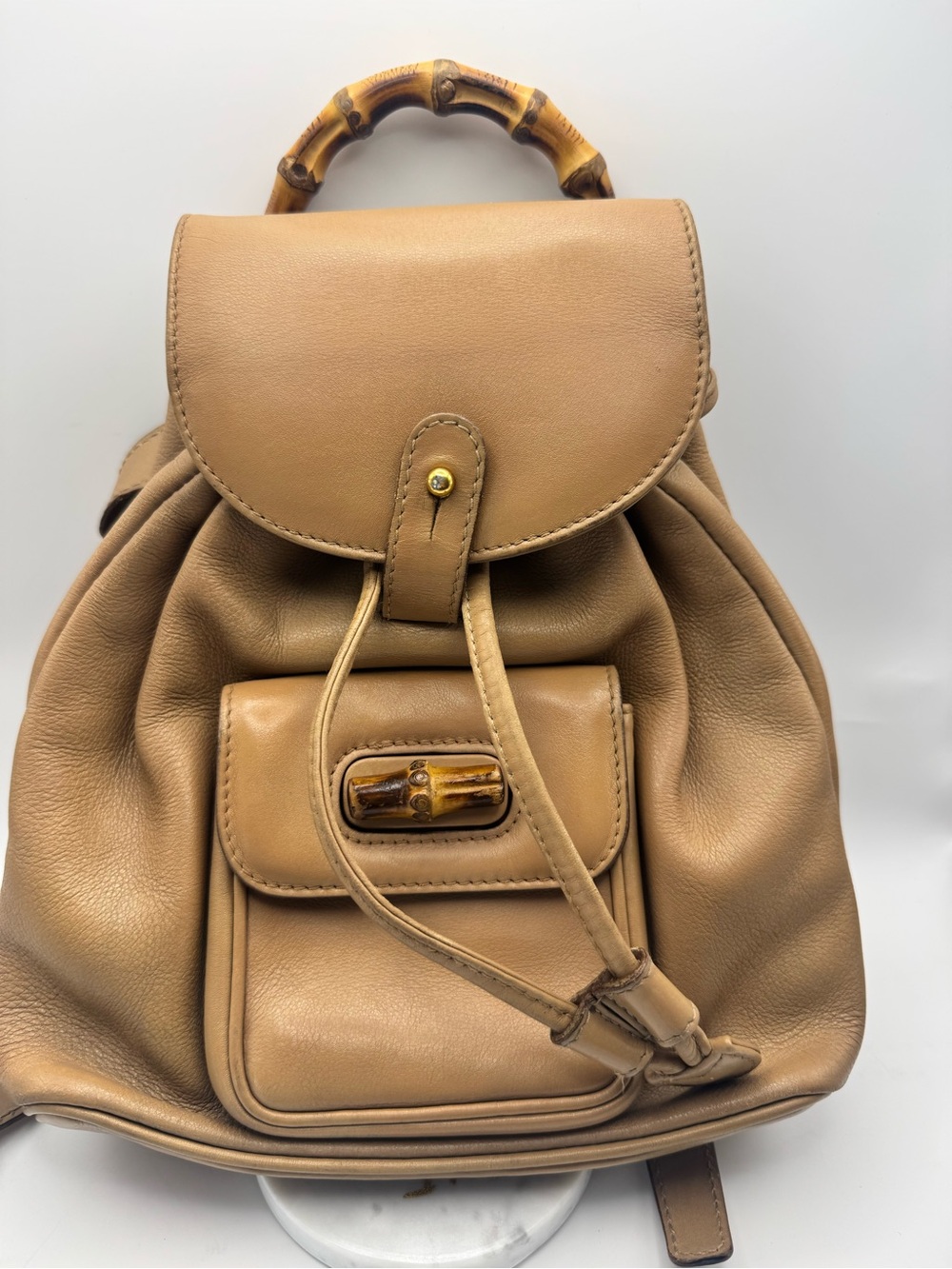 Gucci Tan Leather Backpack with Bamboo Handle with Authenticity